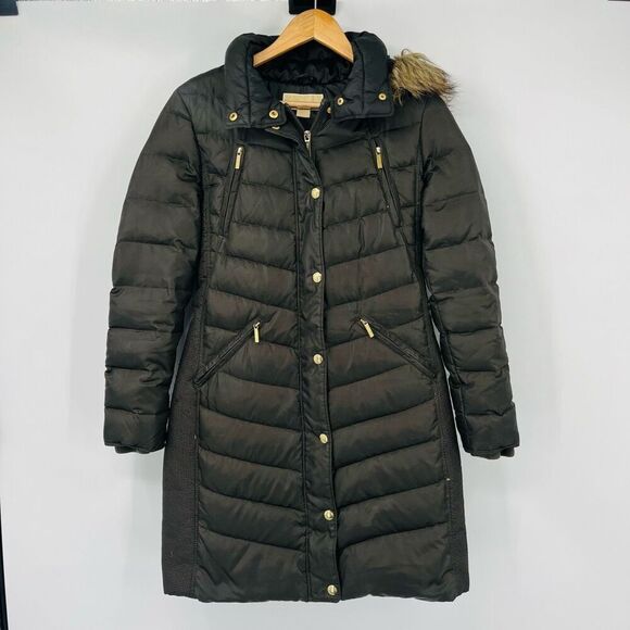 Michael Kors Gunmetal Faux-Fur-Trim Hooded Chevron Down Puffer Parka Coat Small - Picture 1 of 10